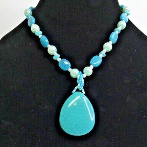 Necklace 20" Faux Turquoise Tear Drop Pendant Multicolor Beads